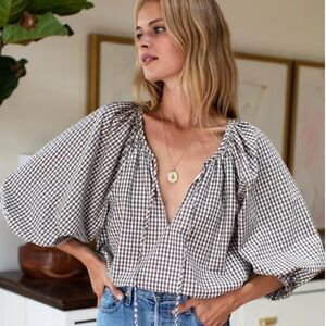 Emerson Fry Brown and White Gingham Puff-Sleeve Blouse